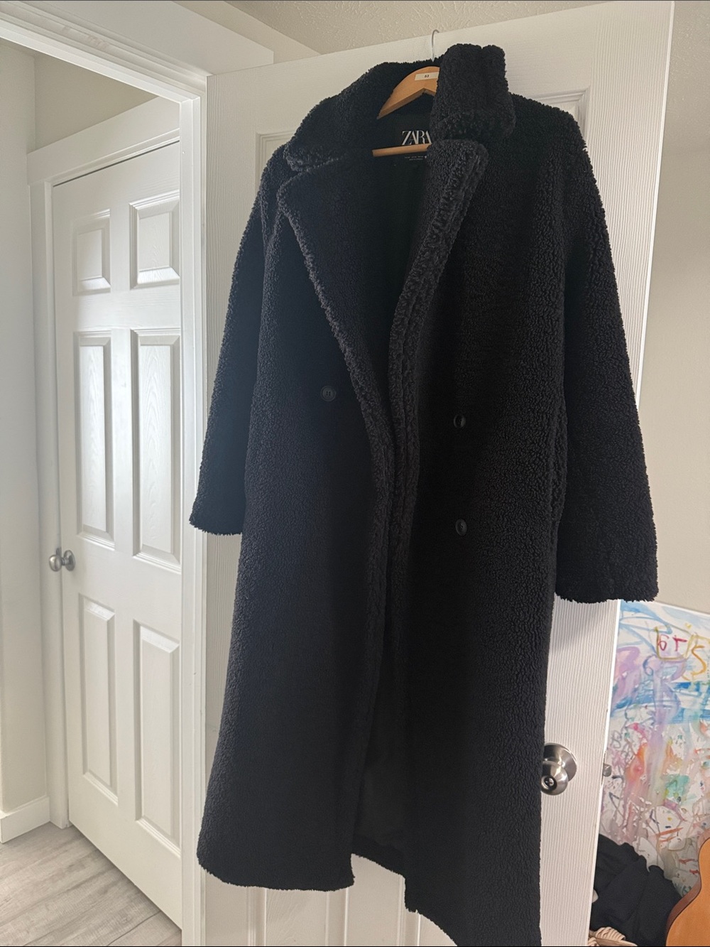 Zara Black Teddy Longline Double-Breasted Coat